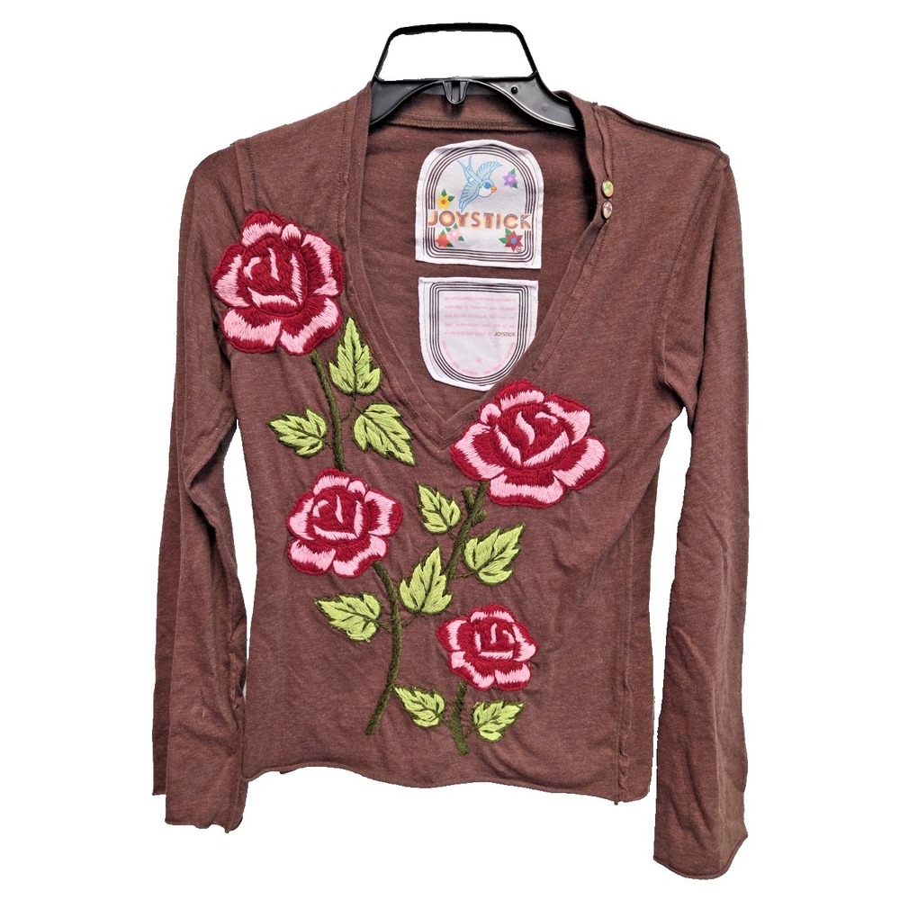 Joystick Johnny Was Roses Floral Hand Embroidered Top Sz M T-shirt Brown Boho - Picture 2 of 13